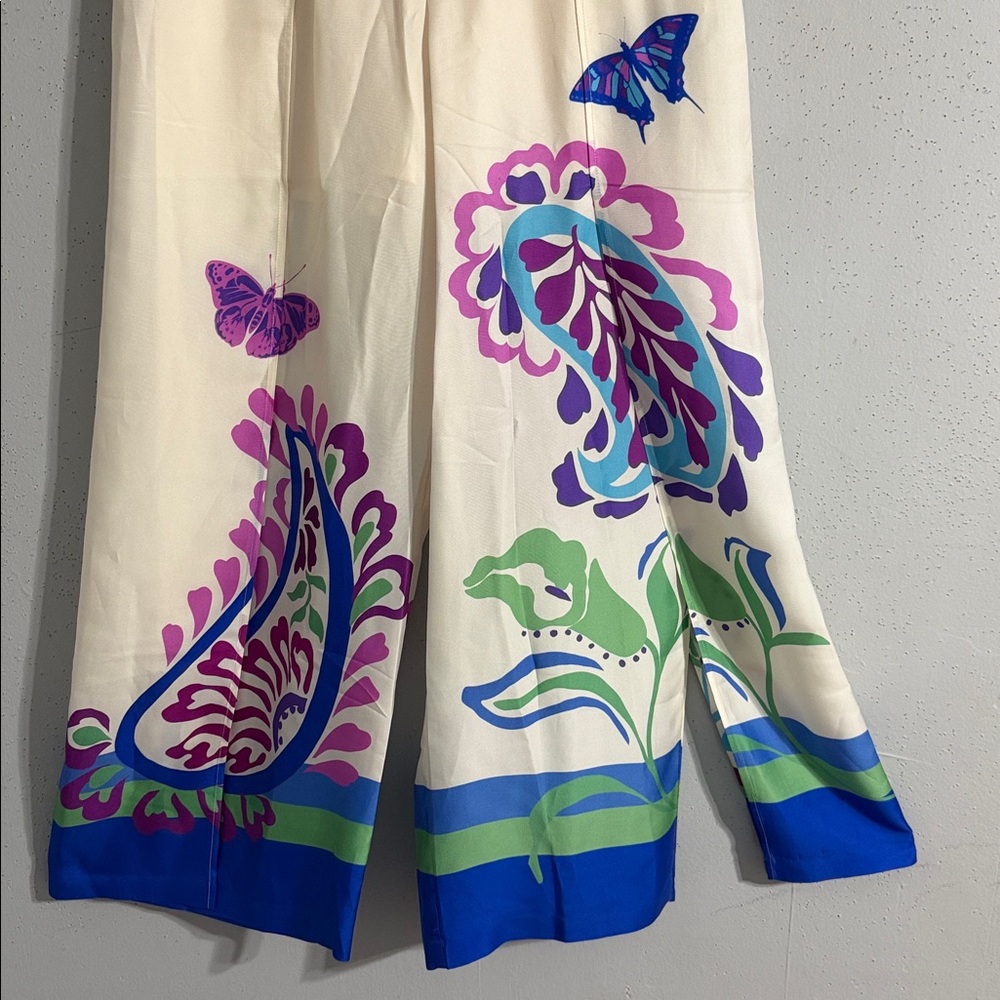 Johnny Was Jade Cream Wide-Leg Pants with Purple & Blue Paisley Print NWT - Picture 2 of 7